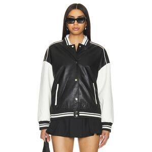 Superdown Parker Faux Leather Varsity Jacket Black White Bomber Vegan‎ Sz M
